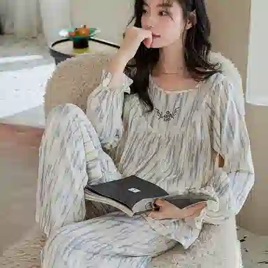 歌倩雅 简约休闲柔软长袖甜美可外穿长裤家居服睡衣套装 女款 图色