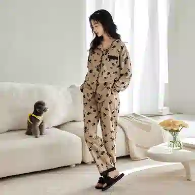 歌倩雅 简约可外穿长袖上衣松紧腰直筒长裤睡衣套装 女款 浅咖