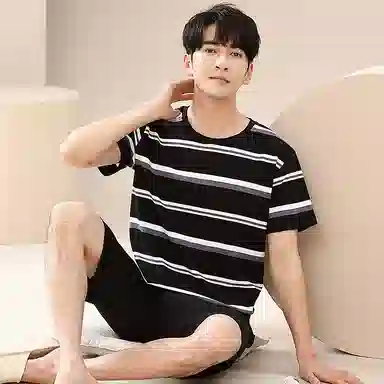 歌倩雅 简约亲肤舒适条纹短圆领套头袖休闲可外穿五分裤睡衣套装 男款 黑色