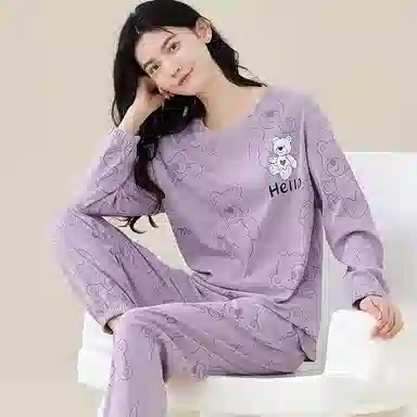歌倩雅 卡通套头甜美休闲长袖长裤可外穿全棉睡衣套装 女款 紫色