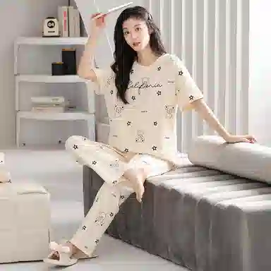 歌倩雅 套头圆领短袖透气家居服长裤睡衣套装 女款 杏色