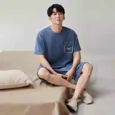 歌倩雅 纯色圆领短袖上衣格子松紧腰短裤睡衣套装 男款 蓝色