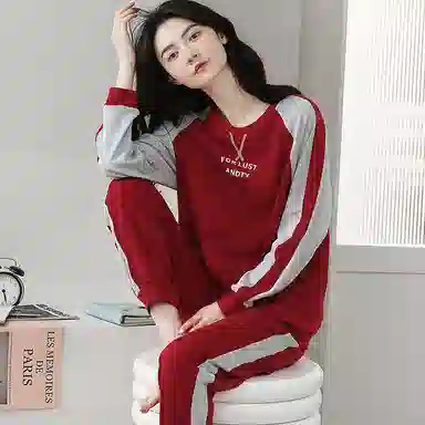 歌倩雅 圆领套头长袖长裤可外穿睡衣套装 女款 红色