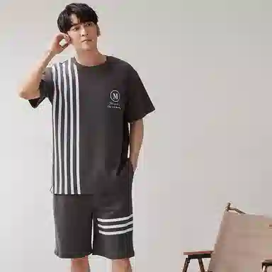 歌倩雅 圆领条纹简约短袖上衣松紧腰短裤睡衣套装 男款 深灰