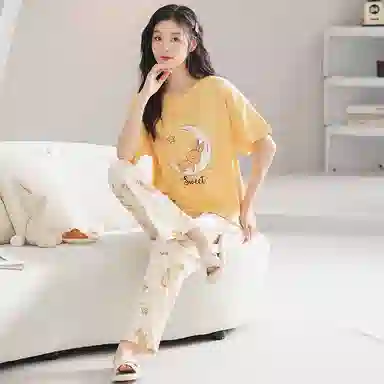 歌倩雅 舒适透气纯色休闲短袖长裤睡衣套装 女款 黄色