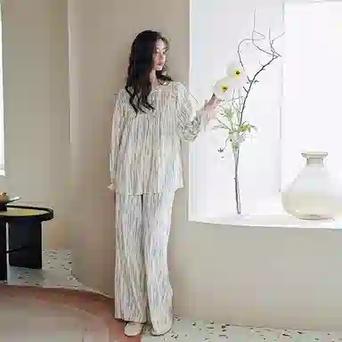 歌倩雅 简约休闲柔软长袖甜美可外穿长裤家居服睡衣套装 女款 图色