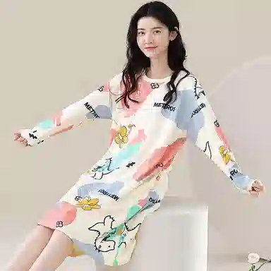 歌倩雅 纯棉大码舒适简约长袖睡裙 女款 图色
