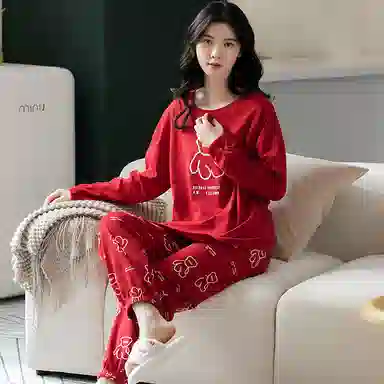 歌倩雅 可爱卡通长袖小熊学生睡衣套装 女款 红色