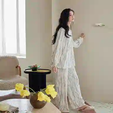 歌倩雅 简约休闲柔软长袖甜美可外穿长裤家居服睡衣套装 女款 图色