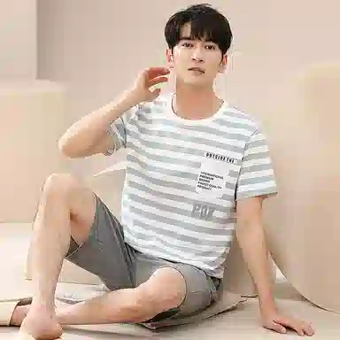 歌倩雅 短袖圆领套头舒适亲肤柔软睡衣套装 男款 浅蓝