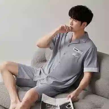 歌倩雅 开衫薄款字母宽松家居短袖短裤睡衣套装 男款 银灰