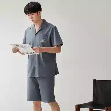 歌倩雅 纯色休闲短袖翻领上衣松紧腰短裤睡衣套装 男款 灰色