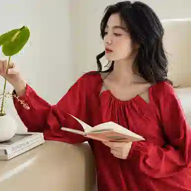 歌倩雅 休闲纯色圆领套头长袖上衣松紧腰长裤睡衣套装 女款 大红色