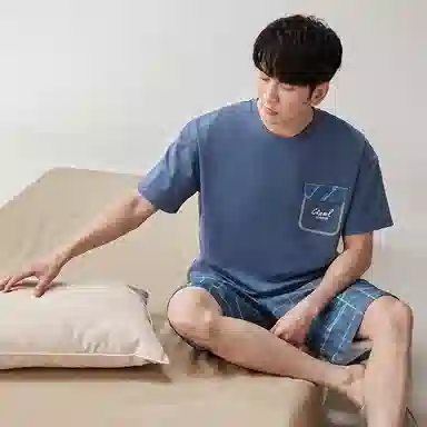 歌倩雅 纯色圆领短袖上衣格子松紧腰短裤睡衣套装 男款 蓝色