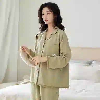 歌倩雅 纽扣流苏边口袋长袖上衣纯色简约长裤睡衣套装 女款 绿色流苏边
