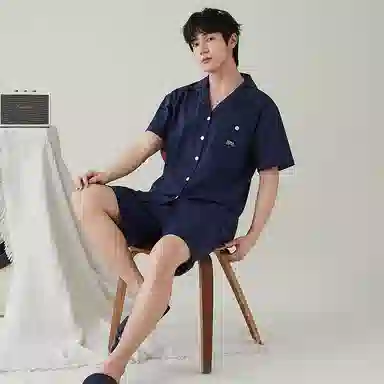 歌倩雅 纯色翻领短袖休闲短裤睡衣套装 男款 蓝色