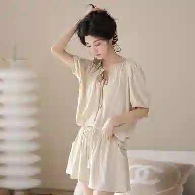 歌倩雅 纯色休闲圆领短袖松紧腰短裤睡衣套装 女款 杏色