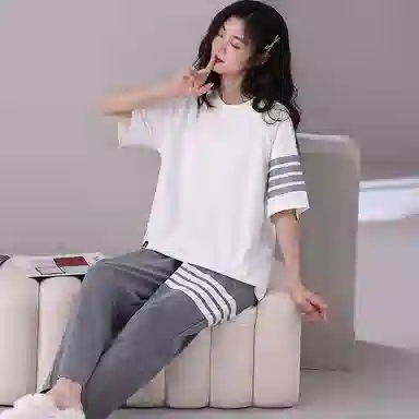 歌倩雅 休闲简约拼色圆领短袖上衣松紧腰长裤睡衣套装 女款 白色