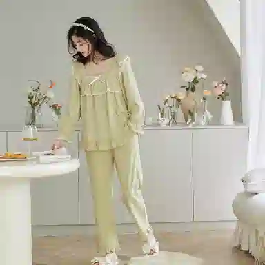 歌倩雅 纯色休闲翻领长袖上衣松紧腰长裤睡衣套装 女款 浅绿