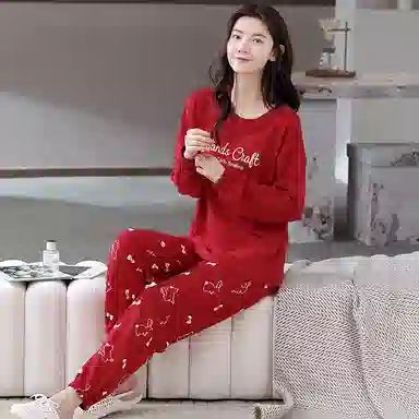 歌倩雅 高级感可外穿休闲舒适长袖长裤家居服睡衣套装 女款 红色