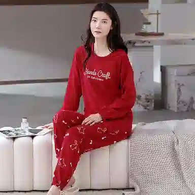 歌倩雅 高级感可外穿休闲舒适长袖长裤家居服睡衣套装 女款 红色