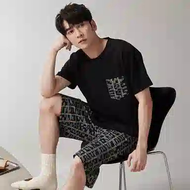歌倩雅 简约圆领套头短袖短裤透气睡衣套装 男款