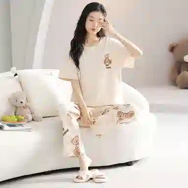 歌倩雅 纯棉舒适圆领短袖长裤睡衣套装 女款 杏色