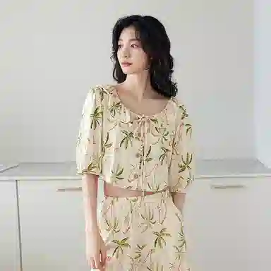 歌倩雅 甜美时尚圆领短袖上衣松紧腰长裤睡衣套装 女款 杏色