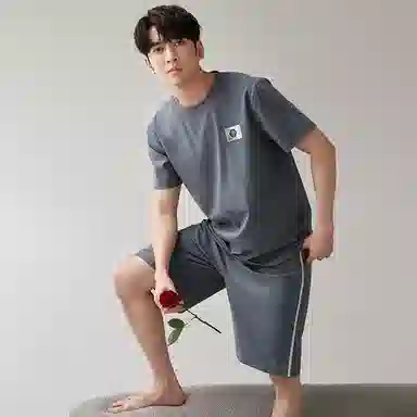 歌倩雅 撞色圆领短袖上衣中腰裤子睡衣套装 男款 蓝色