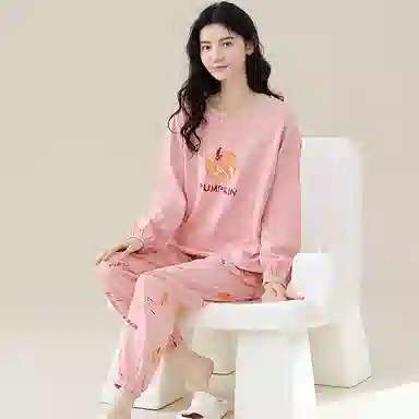 歌倩雅 食物图案字母印花圆领上衣厚款保暖长裤睡衣套装 女款 粉色
