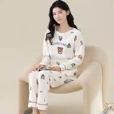 歌倩雅 纯棉长袖长裤休闲可外穿家居服睡衣套装 女 白色