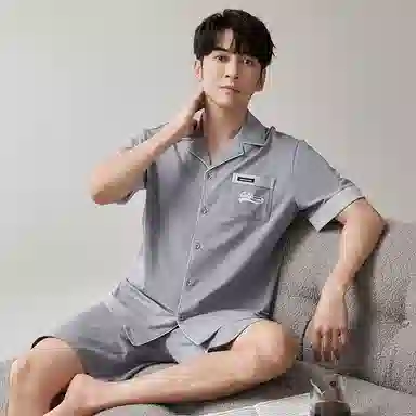 歌倩雅 开衫薄款字母宽松家居短袖短裤睡衣套装 男款 银灰