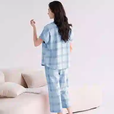 歌倩雅 圆领套头短袖格子七分裤可外穿睡衣套装 女款 蓝色