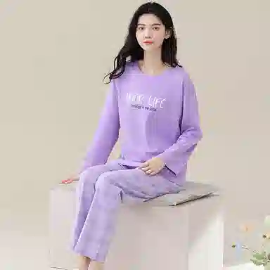歌倩雅 套头甜美休闲长袖长裤可外穿全棉睡衣套装 女款 紫色