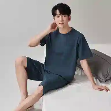 歌倩雅 圆领舒适短袖上衣松紧腰纯色短裤睡衣套装 男款 蓝色