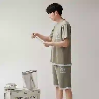 歌倩雅 圆领舒适短袖上衣柔软亲肤短裤睡衣套装 男款 灰绿