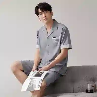 歌倩雅 开衫薄款字母宽松家居短袖短裤睡衣套装 男款 银灰