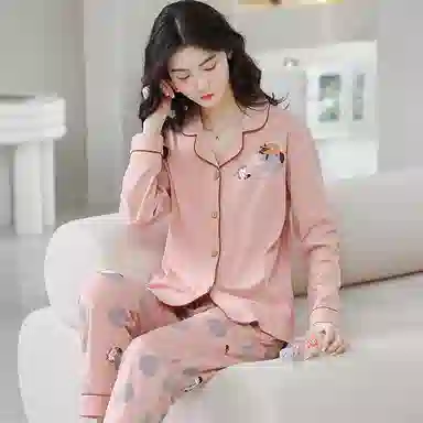 歌倩雅 卡通翻领长袖开衫长裤睡衣套装 女款 粉色