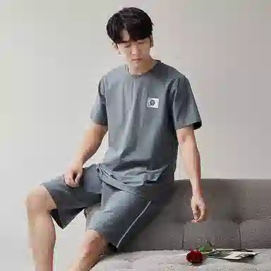 歌倩雅 撞色圆领短袖上衣中腰裤子睡衣套装 男款 蓝色