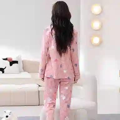 歌倩雅 翻领简约舒适爱心长袖上衣松紧腰长裤睡衣套装 女款 粉色