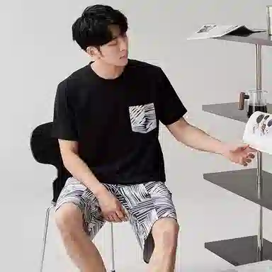 歌倩雅 圆领宽松上衣松紧腰短裤睡衣套装 男款 黑色