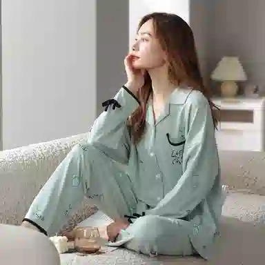 歌倩雅 简约亲肤舒适开衫小翻领长袖休闲可外穿长裤睡衣套装 女款 图片色