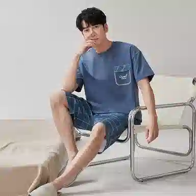 歌倩雅 纯色圆领短袖上衣格子松紧腰短裤睡衣套装 男款 蓝色