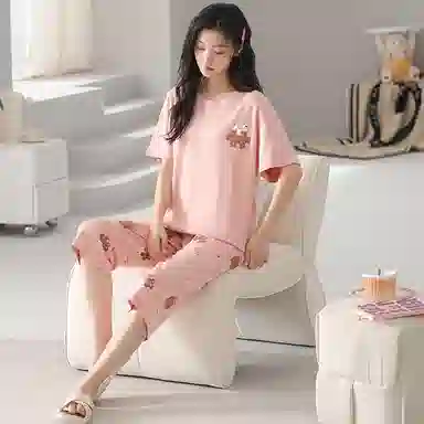歌倩雅 卡通版休闲舒适亲肤短袖七分裤睡衣套装 女款 豆沙色