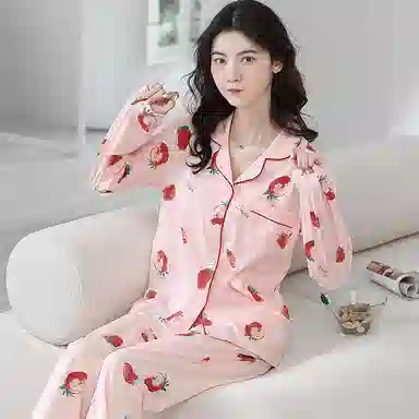 歌倩雅 简约亲肤舒适满印翻领开衫长袖甜美可外穿长裤睡衣套装 女款 粉红色