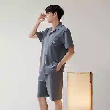 歌倩雅 纯色休闲短袖翻领上衣松紧腰短裤睡衣套装 男款 灰色