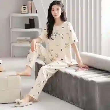 歌倩雅 套头圆领短袖透气家居服长裤睡衣套装 女款 杏色