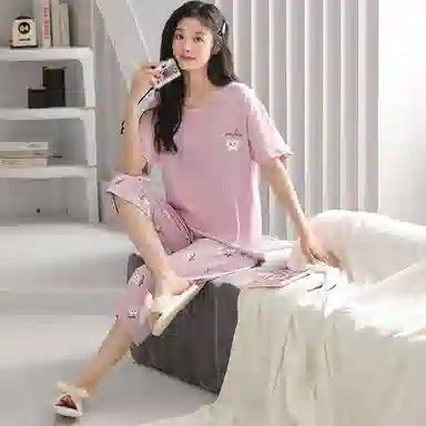 歌倩雅 圆领短袖七分裤清新套头睡衣套装 女款 粉色