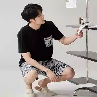 歌倩雅 圆领宽松上衣松紧腰短裤睡衣套装 男款 黑色