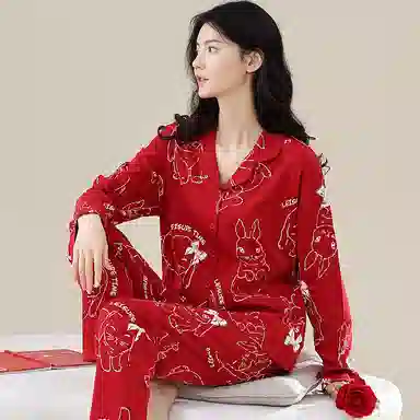 歌倩雅 舒适休闲卡通开衫长袖长裤睡衣套装 女款 红色